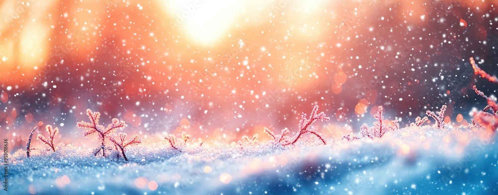 Winter sunrise over snow, ample text space, soft watercolor snowflakes Winter sunrise over snow, ample text space, soft watercolor snowflakes