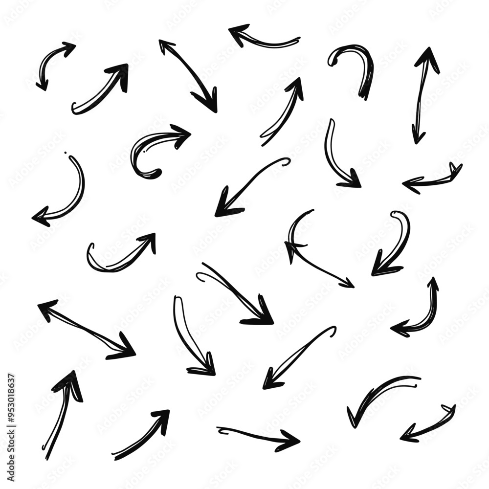 A variety of hand-drawn black arrows pointing in different directions on a white background. A variety of hand-drawn black arrows pointing in different directions on a white background.