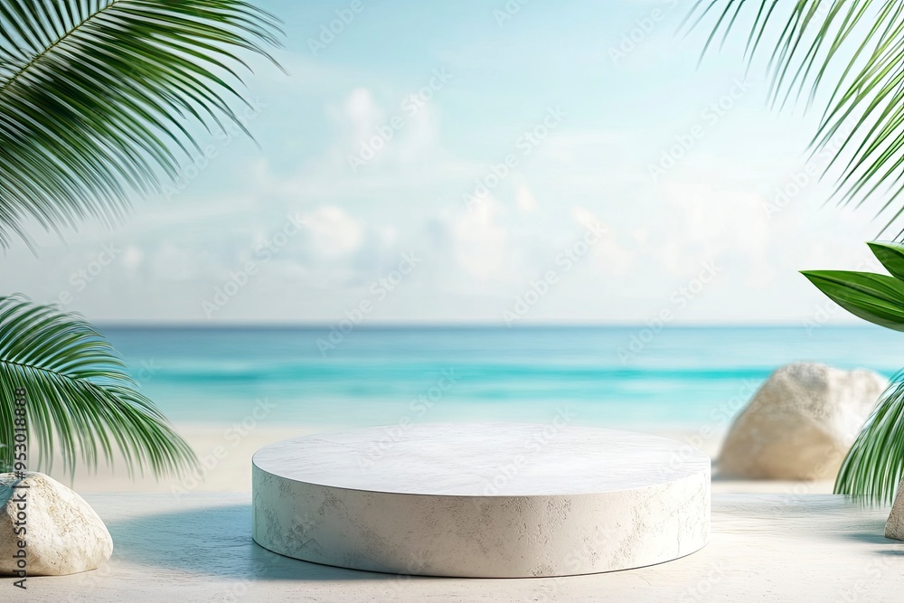 Fototapeta premium White stone podium with copy space for product display on tropical summer sand beach background, ai