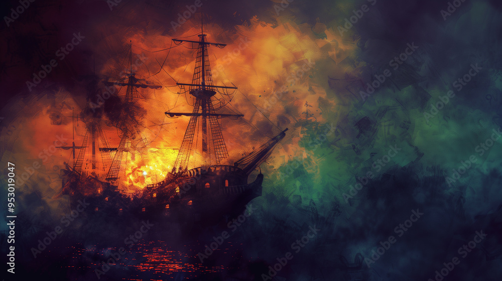 Ghostly ship sailing through fog under a full moon in the middle of the night Ghostly ship sailing through fog under a full moon in the middle of the night