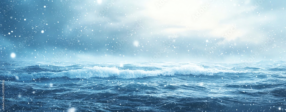 Wintery ocean view, blank space for text, gentle watercolor snowflakes Wintery ocean view, blank space for text, gentle watercolor snowflakes