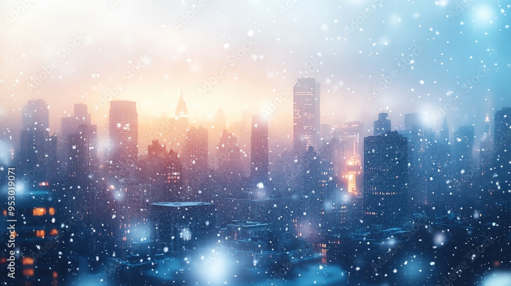 Frosty cityscape, open text area, watercolor snowflakes gently descending Frosty cityscape, open text area, watercolor snowflakes gently descending