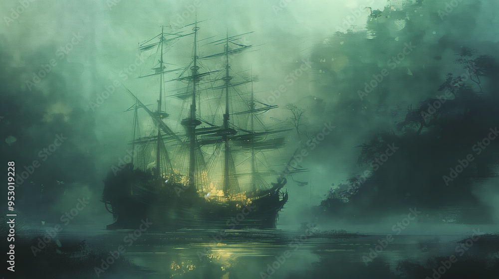 Ghostly ship sailing through fog under a full moon in the middle of the night Ghostly ship sailing through fog under a full moon in the middle of the night
