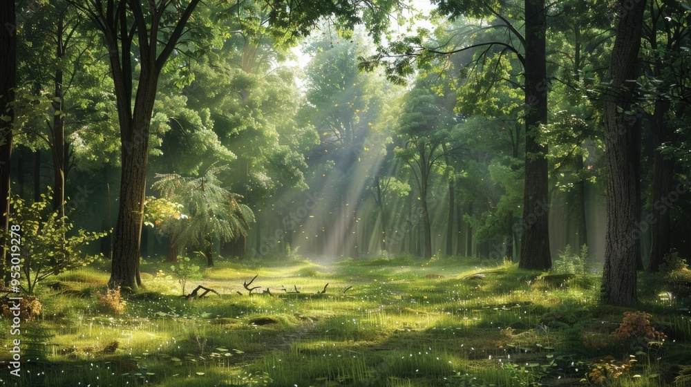 Obraz premium Tranquil forest glade bathed in sunlight, offering a peaceful retreat and capturing nature's serenity.