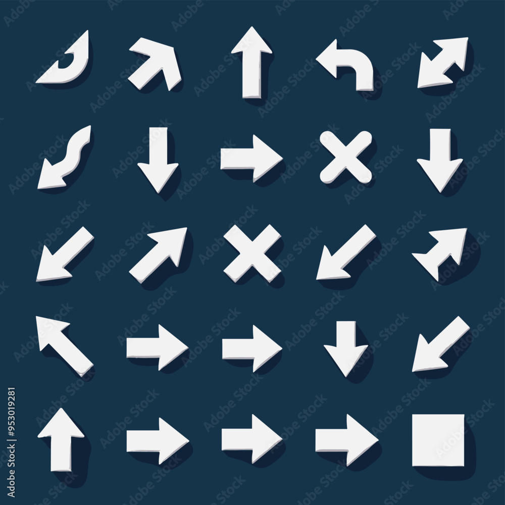 Twenty different white arrow icons on a dark blue background. Twenty different white arrow icons on a dark blue background.