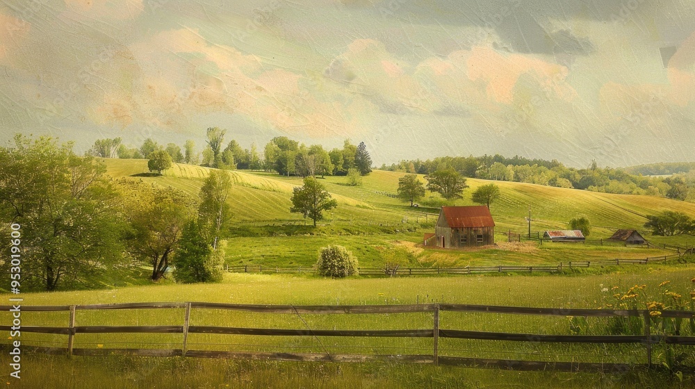 Fototapeta premium Pastoral scene with rolling hills, lush meadows, and a farmhouse, evoking tranquility and the beauty of rural life.