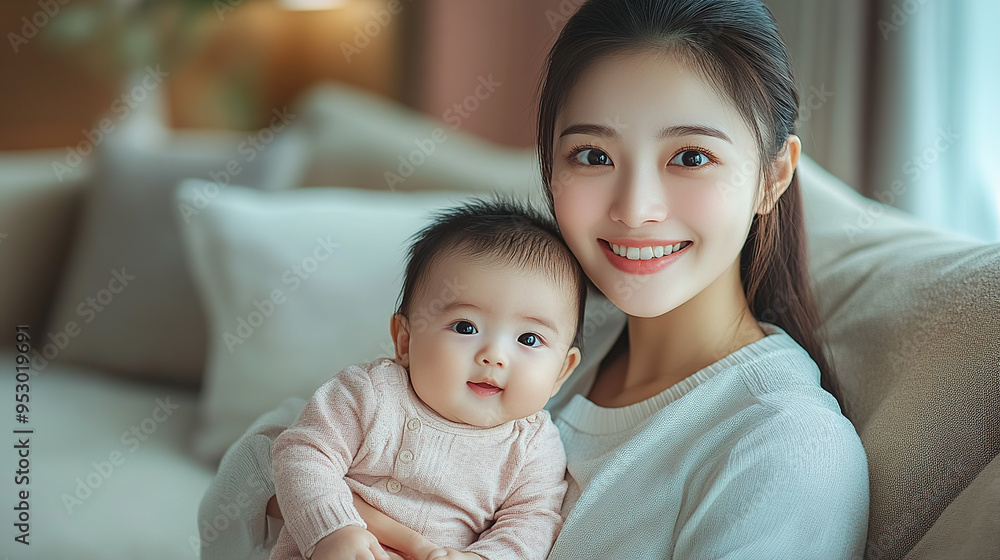 A beautiful Asian mother was sitting on the living room sofa with her baby in her arms A beautiful Asian mother was sitting on the living room sofa with her baby in her arms