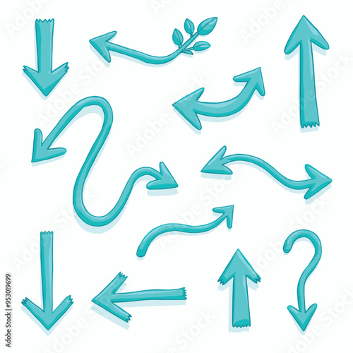 Collection of hand-drawn turquoise arrows of various shapes and sizes on a white background. photo