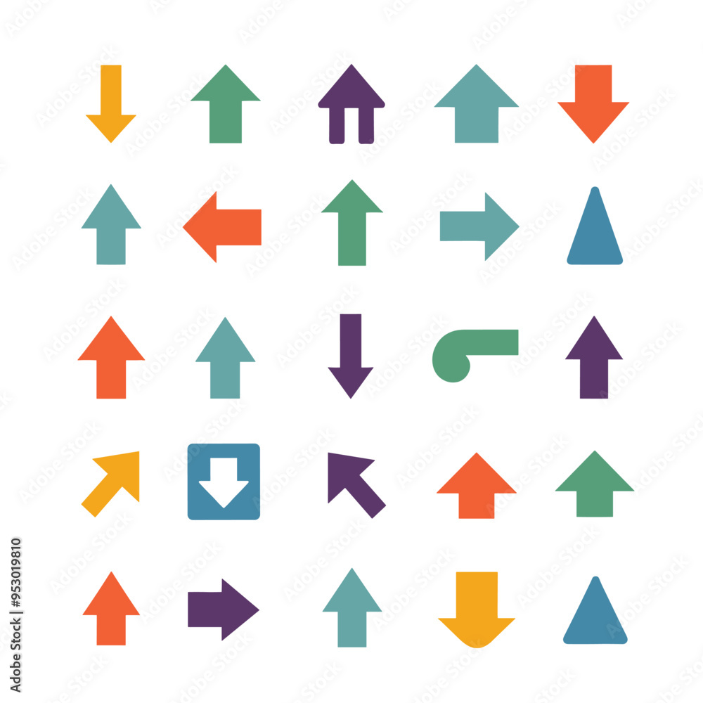 Colorful set of various arrows and shapes arranged in a grid on a white background. Colorful set of various arrows and shapes arranged in a grid on a white background.