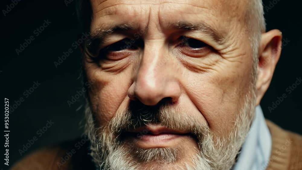 Close up of a bearded senior man displaying a range of facial expressions while staring directly at the camera. Emotions vary from serious to happy, sad, and angry Close up of a bearded senior man displaying a range of facial expressions while staring directly at the camera. Emotions vary from serious to happy, sad, and angry