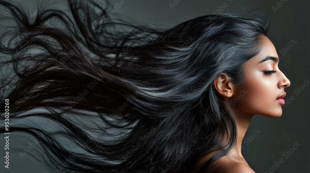 A portrait of a young woman with long dark hair blowing in the wind, captured in profile with an emphasis on natural beauty and the smoothness of her hair A portrait of a young woman with long dark hair blowing in the wind, captured in profile with an emphasis on natural beauty and the smoothness of her hair