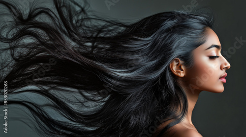 A portrait of a young woman with long dark hair blowing in the wind, captured in profile with an emphasis on natural beauty and the smoothness of her hair