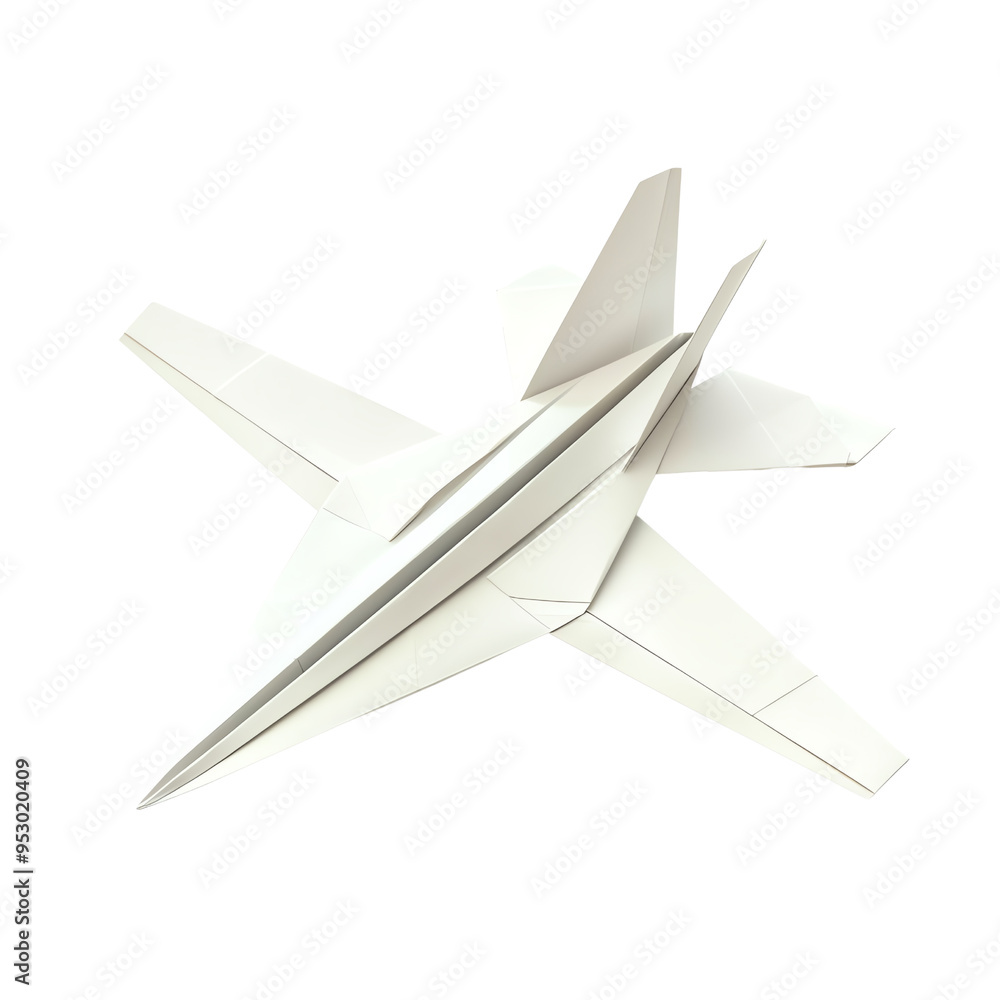 High-quality image of a detailed origami paper airplane in the shape of a jet, isolated on a white background. High-quality image of a detailed origami paper airplane in the shape of a jet, isolated on a white background.