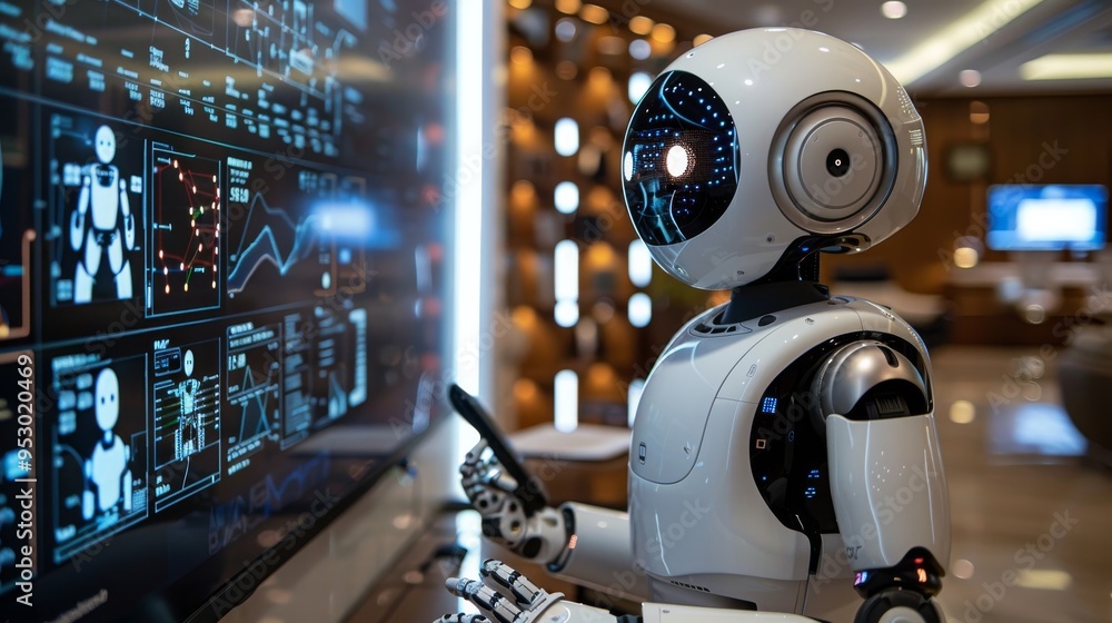 AI robot interacting with an interactive touchscreen display in a state-of-the-art office AI robot interacting with an interactive touchscreen display in a state-of-the-art office