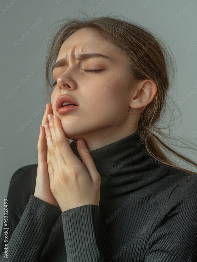 Contemplative Portrait of Woman with Hand on Chin, Overlaid with Cross and Hands Contemplative Portrait of Woman with Hand on Chin, Overlaid with Cross and Hands