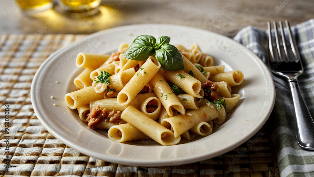 A plate of pasta with tomato sauce and basil on a woven placemat, suggesting a home-cooked meal with an inviting and warm atmosphere.