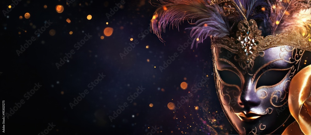 A carnival banner with an elegant Venetian mask, feathers and ribbons on the right side A carnival banner with an elegant Venetian mask, feathers and ribbons on the right side