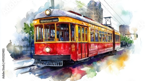 Charming Watercolor Painting of Historic New Orleans Streetcar in Vibrant Colors on White Background