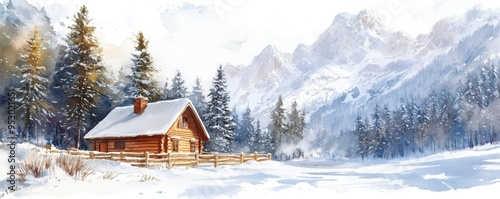 Winter Wonderland Watercolor: Snow-Covered Cabin in Rocky Mountains, Cozy and Serene Scene on White Background