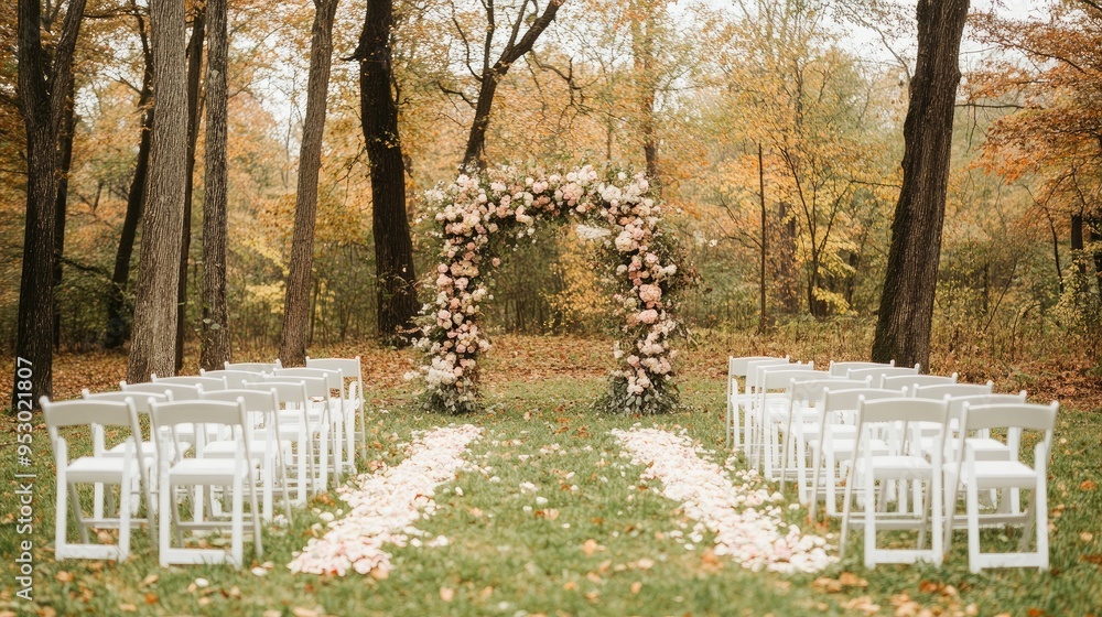 A serene outdoor wedding setup with chairs, floral arch, and autumn foliage.