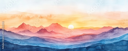 Southwest Desert Sunset Watercolor Painting on White Background - Warm and Dramatic Landscape Artwork
