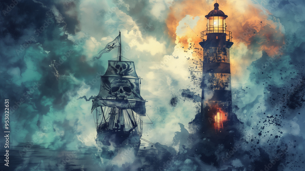 Naklejka premium Ghostly pirate ship approaching a haunted lighthouse amidst stormy seas