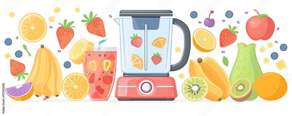Smoothie preparation, fruits and blender, flat design illustration Smoothie preparation, fruits and blender, flat design illustration