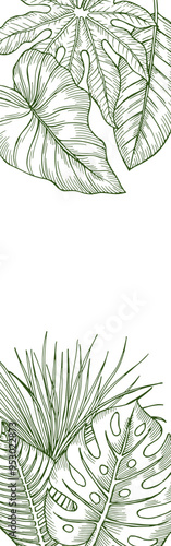 Tropical summer hand drawn leaves vertical banner