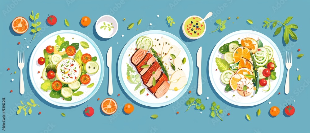 Light and healthy dinners, balanced meals, flat design illustration Light and healthy dinners, balanced meals, flat design illustration