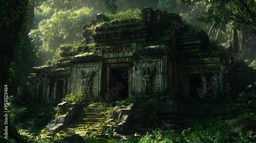 Ancient jungle ruin hidden among thick vines and moss-covered stones intricate carvings adorn the weathered walls surrounded by lush greenery and dense foliage