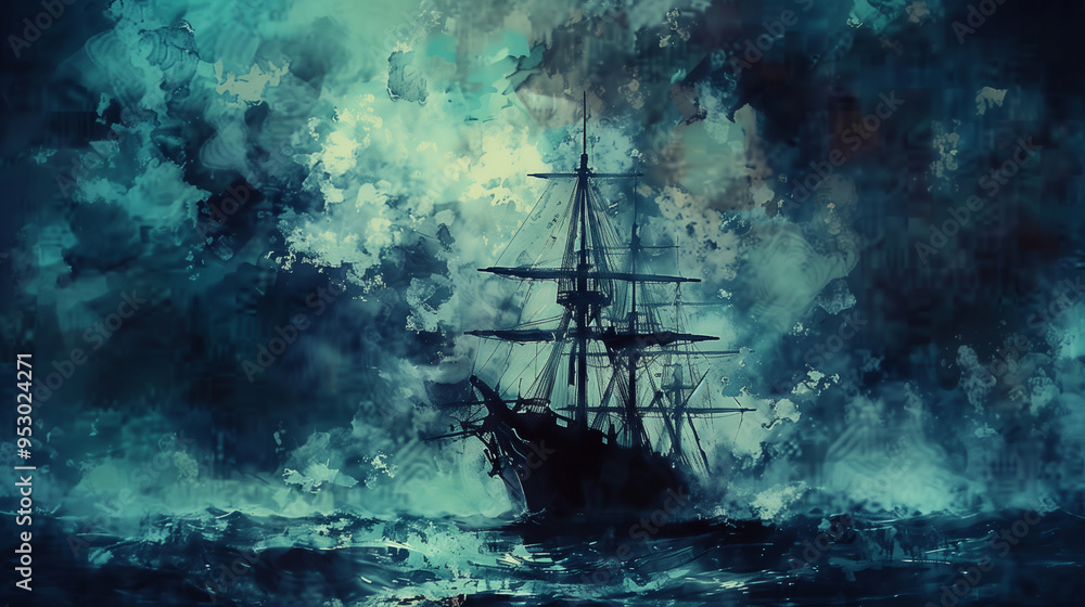 Pirate ship caught in a lightning storm on turbulent seas at night Pirate ship caught in a lightning storm on turbulent seas at night