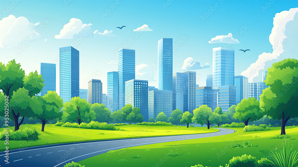 A cartoon city skyline with tall buildings and green trees on the grassy ground A cartoon city skyline with tall buildings and green trees on the grassy ground