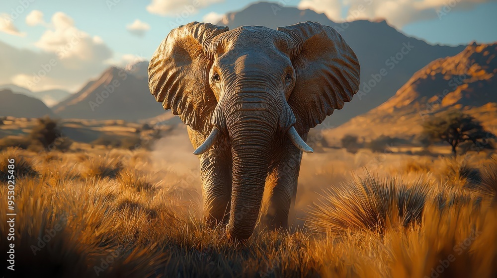 Fototapeta premium A majestic elephant walking through a golden landscape, showcasing the beauty of wildlife in a serene natural environment
