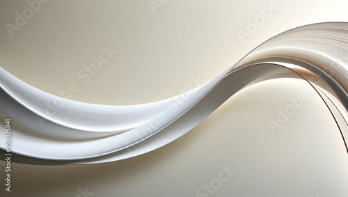 Abstract White Curves: A minimalist, abstract design featuring swirling white paper ribbons against a soft beige background. The flowing lines and subtle curves create a sense of movement and dynami