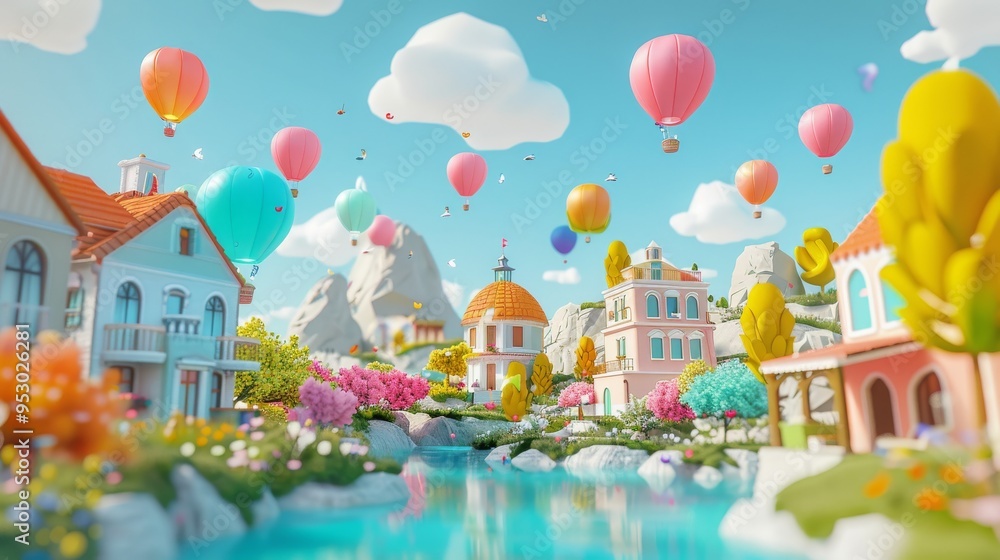 3d 32-bit Minimal clean illustration a beautiful clean town picnic spot surrounded by beautiful clean town, celebration at day with colourful balloons, beautiful day 3d 32-bit Minimal clean illustration a beautiful clean town picnic spot surrounded by beautiful clean town, celebration at day with colourful balloons, beautiful day