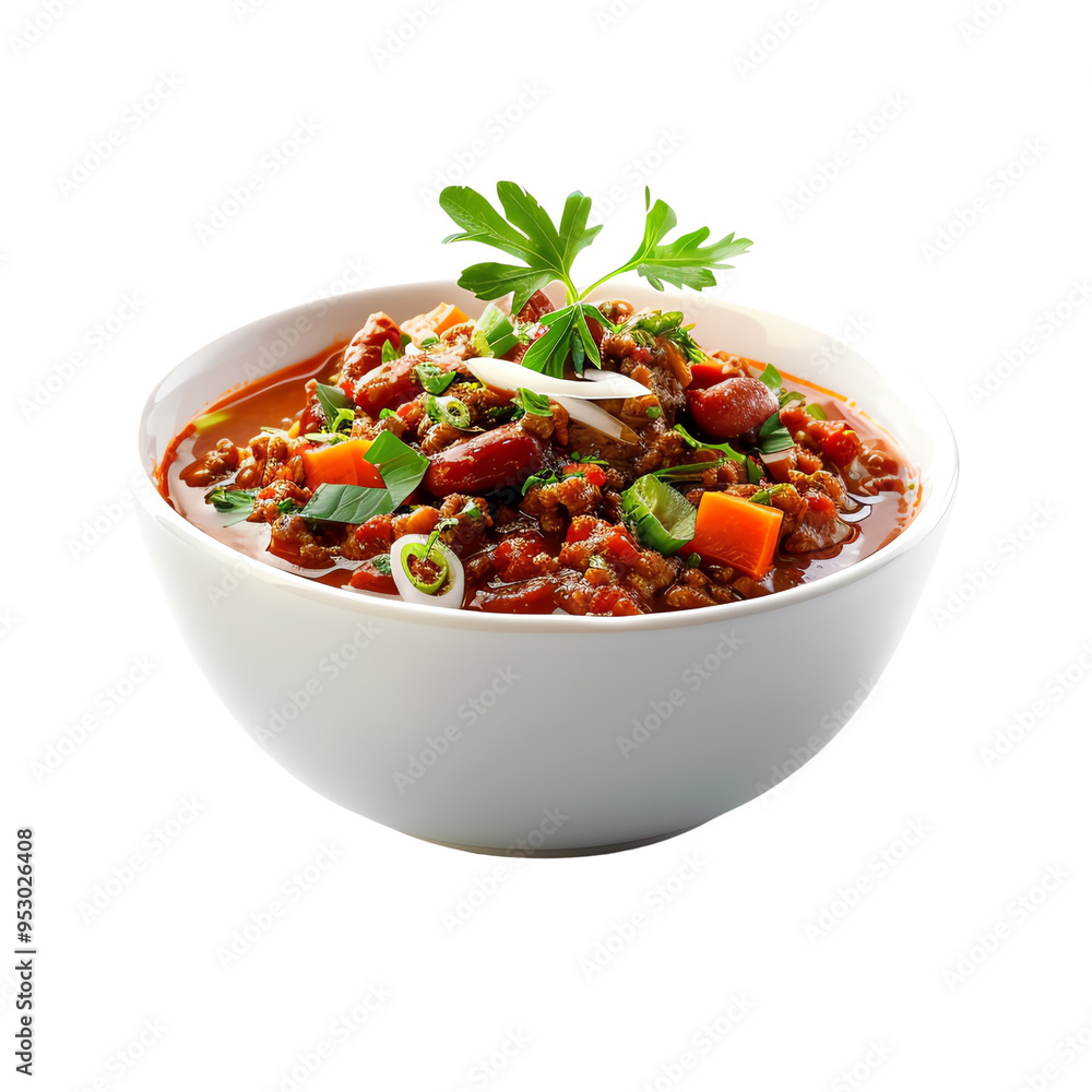 Delicious bowl of chili con carne garnished with fresh parsley, showcasing colorful vegetables and rich textures, perfect for culinary presentations., transparent background Delicious bowl of chili con carne garnished with fresh parsley, showcasing colorful vegetables and rich textures, perfect for culinary presentations., transparent background