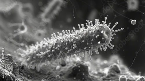 Electron microscope image of a single bacterium with detailed view of its surface and appendages photo