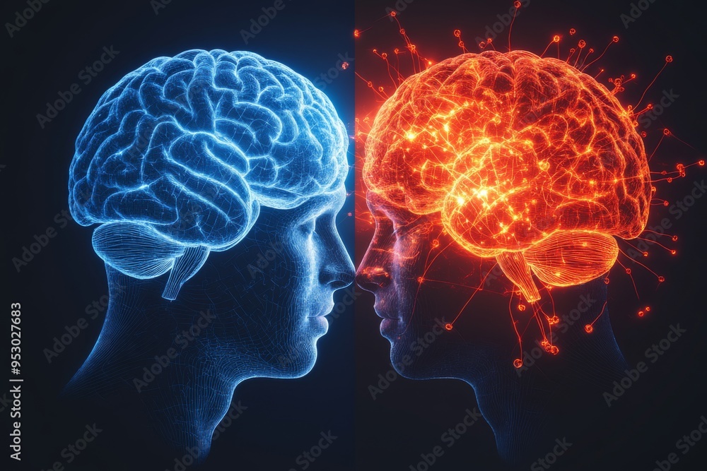 Abstract depiction of blue and red glowing brains symbolizing the contrast and harmony between different cognitive functions in a vibrant high tech environment Abstract depiction of blue and red glowing brains symbolizing the contrast and harmony between different cognitive functions in a vibrant high tech environment