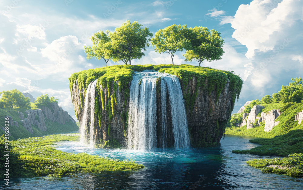 Obraz premium A breathtaking waterfall cascades from a lush island floating in a tranquil river, surrounded by vibrant greenery under a clear blue sky.