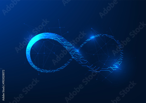 Abstract background technology, the infinity symbol inside is a technology circuit, with sparkling light, representing the infinite development of the world economy of technology.