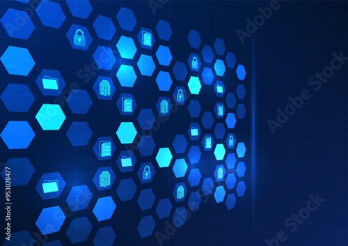 Security technology background, hexagon geometric shapes, inside there is a lock, electronic document file and sheet of documents, showing the entry to the protected data file.