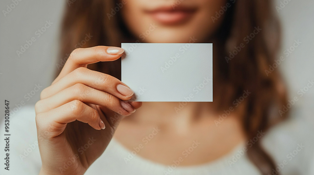 A close-up photograph of a hand holding up an empty white business card A close-up photograph of a hand holding up an empty white business card