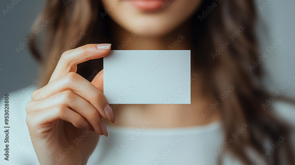 A close-up photograph of a hand holding up an empty white business card A close-up photograph of a hand holding up an empty white business card