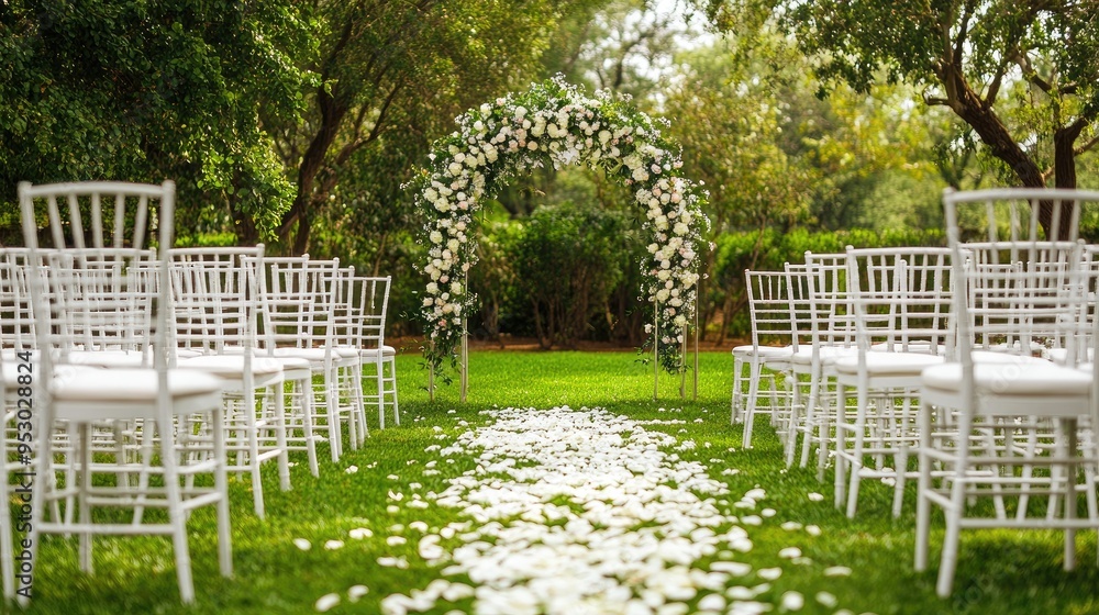 A serene outdoor wedding setup with chairs, floral arch, and petal-lined aisle. A serene outdoor wedding setup with chairs, floral arch, and petal-lined aisle.