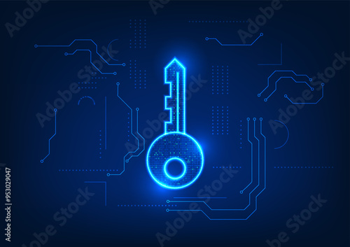 Technology background of the key inside is a numeric code with a technology circuit, showing a cyber security system that requires key to enter the data system that has a system to prevent data theft