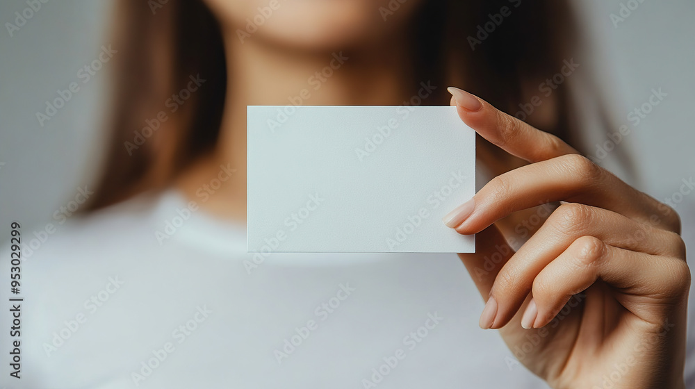 A close-up photograph of a hand holding up an empty white business card A close-up photograph of a hand holding up an empty white business card
