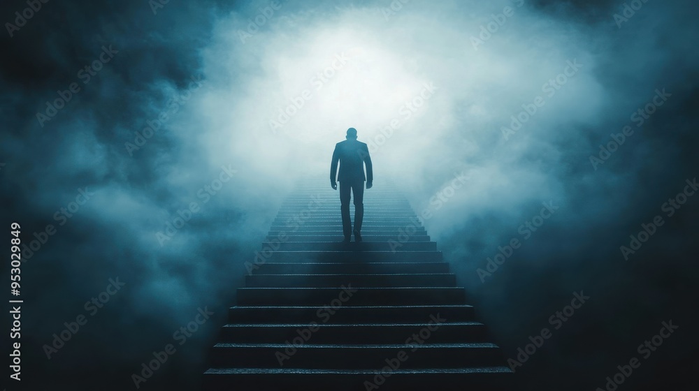 Long career and long way to success concept with businessman climbs dark stairs illuminated from above on abstract dark foggy background Long career and long way to success concept with businessman climbs dark stairs illuminated from above on abstract dark foggy background