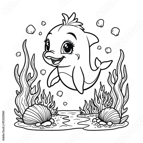 A Cheerful Baby Dolphin on the Sea Coloring Book