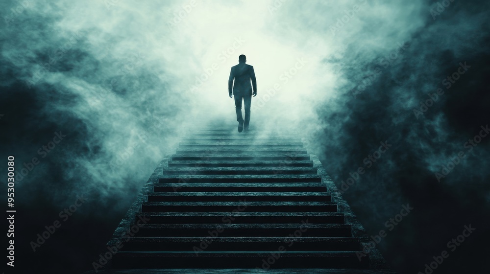 Long career and long way to success concept with businessman climbs dark stairs illuminated from above on abstract dark foggy background Long career and long way to success concept with businessman climbs dark stairs illuminated from above on abstract dark foggy background