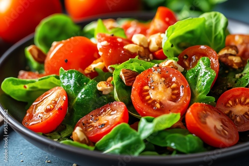 Salad Crunchy, Juicy, and Tender shown in a close-up of a salad that combines different textures, from the crunch of nuts to the juiciness of tomatoes and the tenderness of leafy greens photo